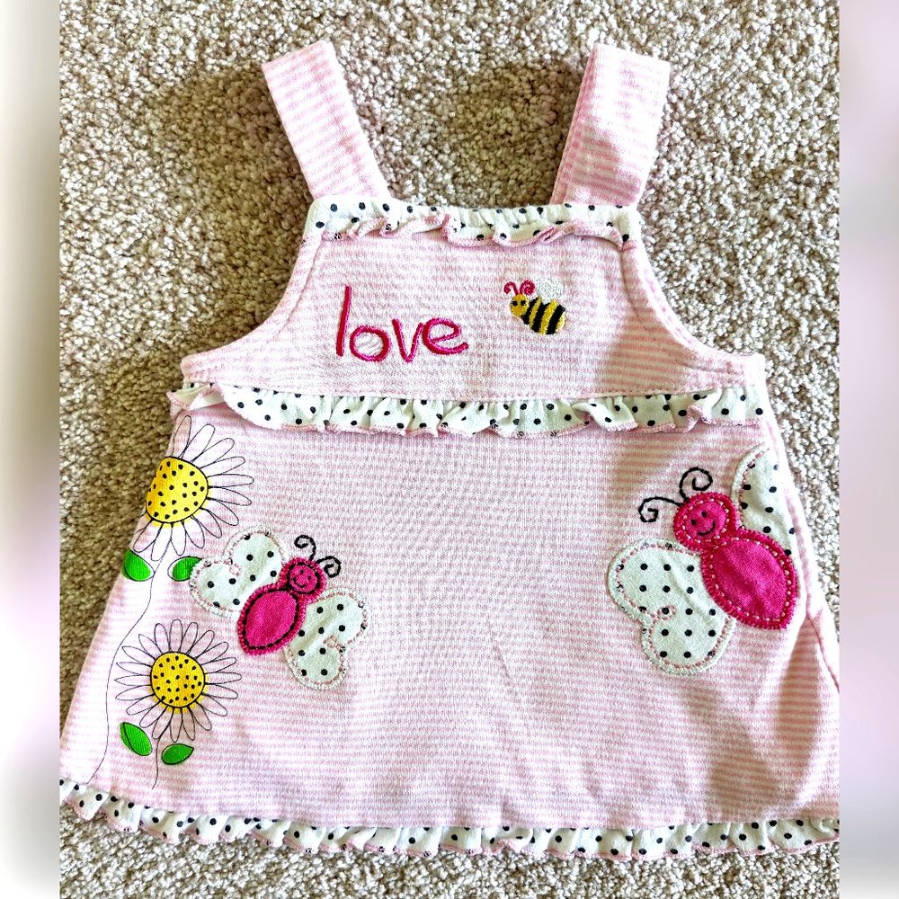 Wishes & Kisses Pink Striped Overall Embroidered Baby Dress, Size 0-3 Months